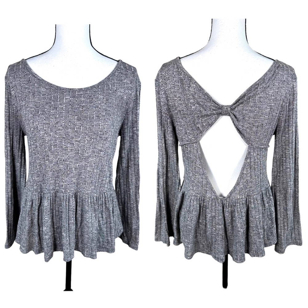 Altar’d State Gray Ribbed Babydoll Cutout Back Top
